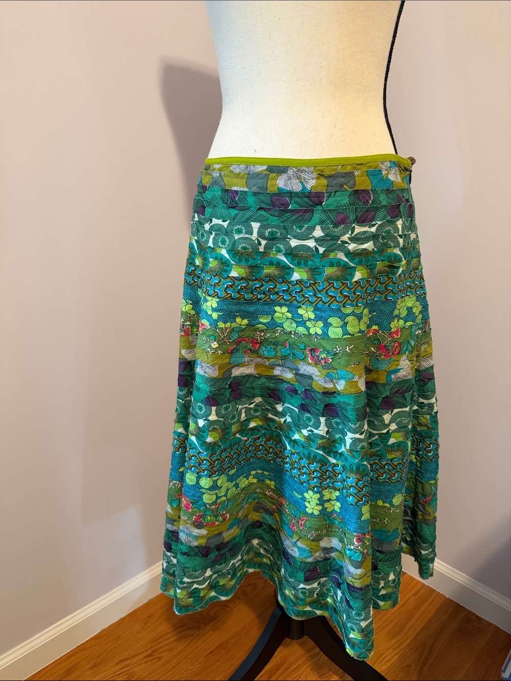 Aspara Cotton Teal and Green Patterned A-Line Skirt